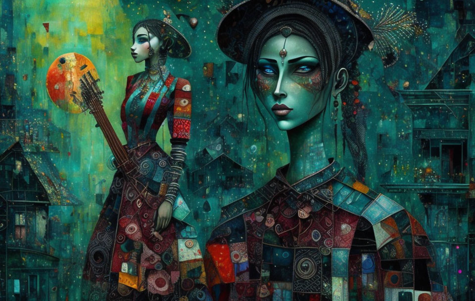 Colorful Digital Painting of Stylized Women in Traditional Outfits