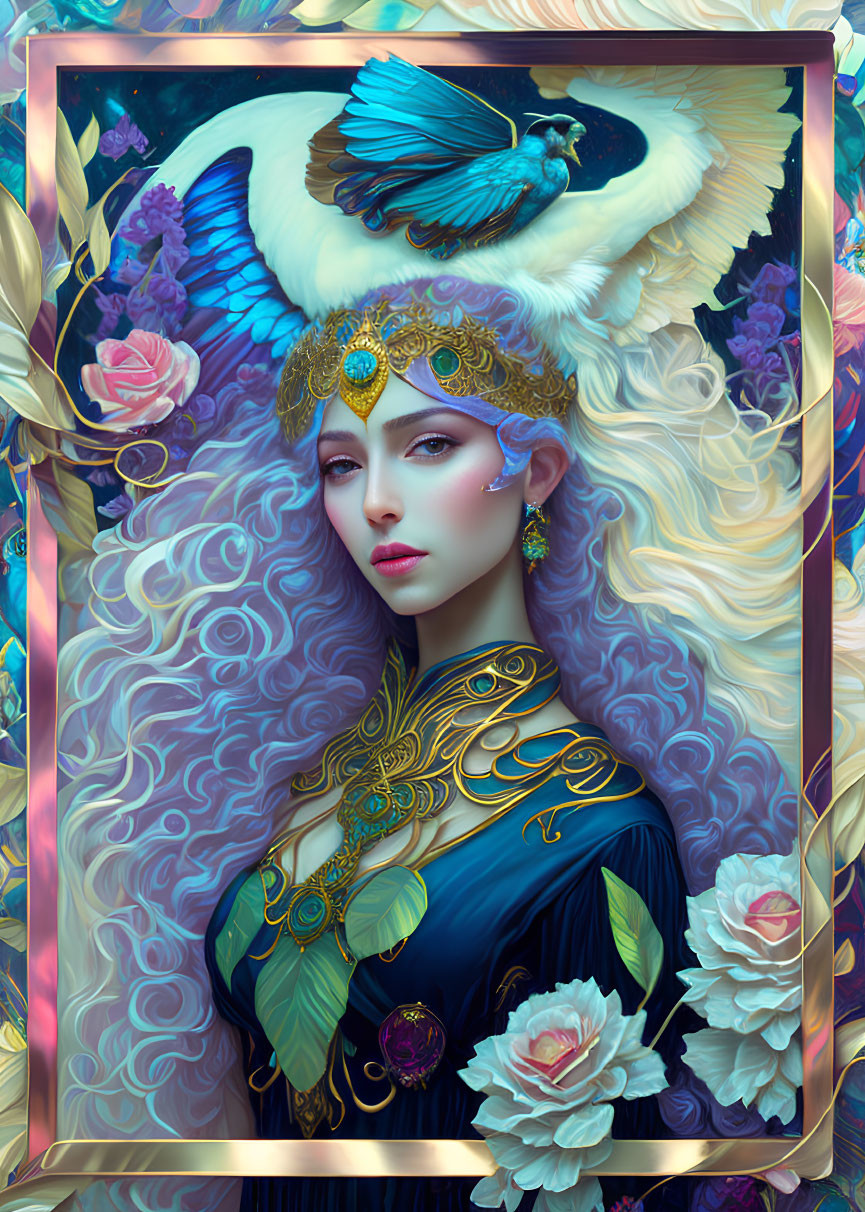 Ethereal illustration of a woman with blonde hair and gold jewelry.