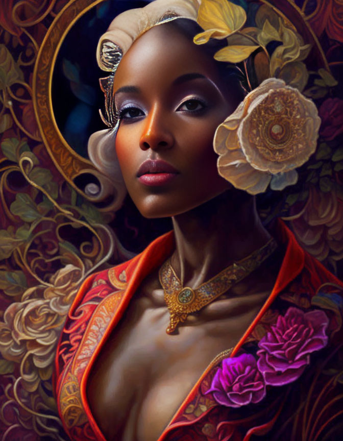 Portrait of woman with golden necklace and vibrant floral backdrop