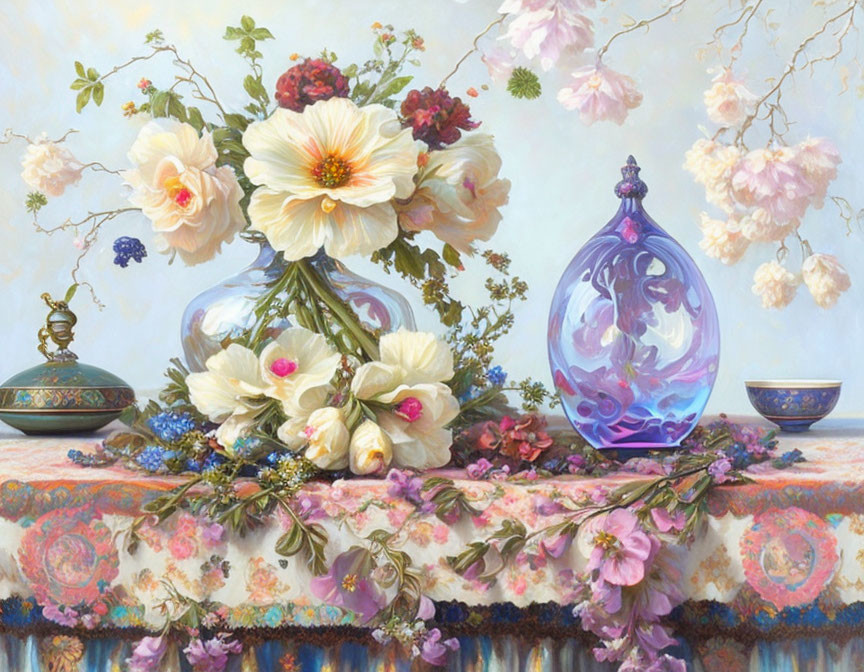 Colorful floral still-life painting with white and red blooms and ornate vessels