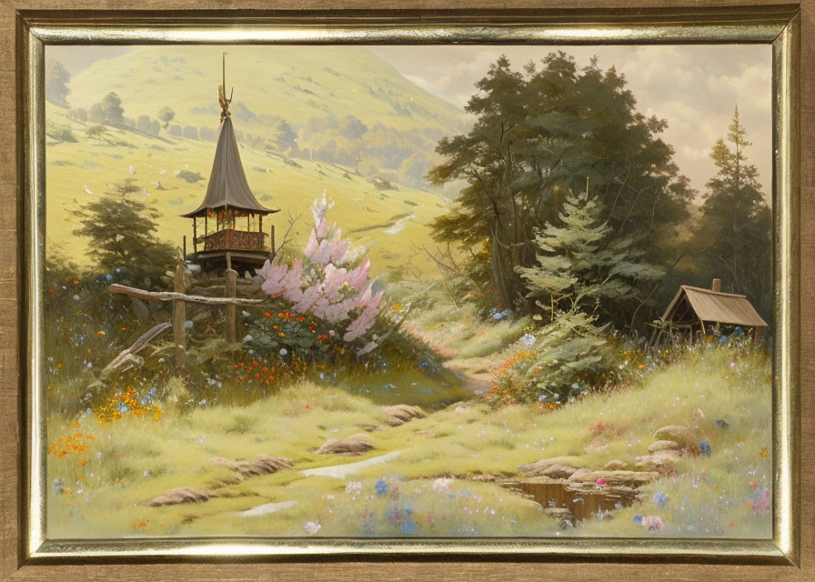 Tranquil landscape with gazebo on hill, framed pastoral painting