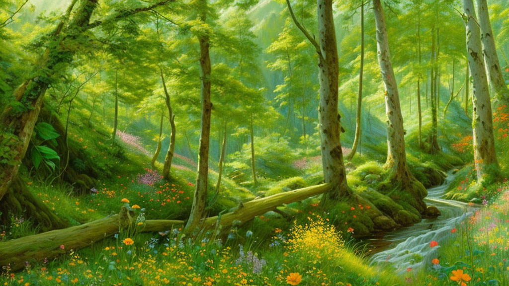 Lush Sunlit Forest with Stream and Wildflowers