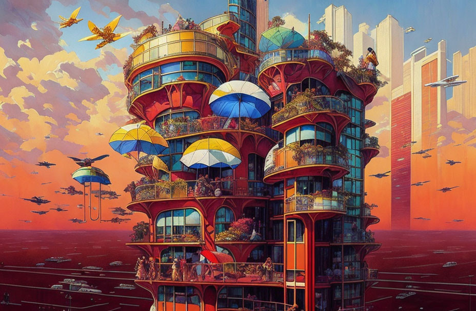 Futuristic colorful building with stacked cylindrical sections and flying vehicles in sunset sky