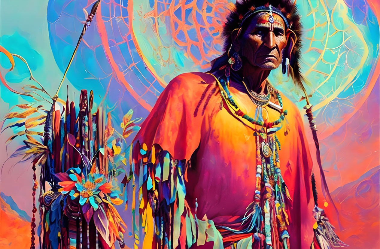 Native American man in traditional attire with dreamcatcher and totemic elements on vibrant background