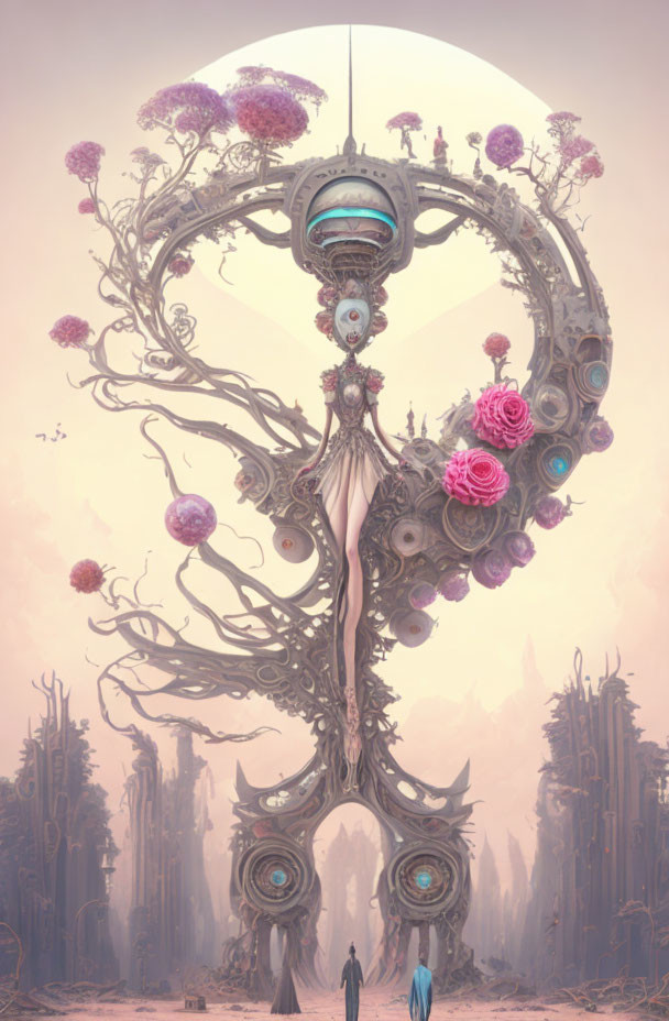 Surreal humanoid figure merging with tree structure in artwork.