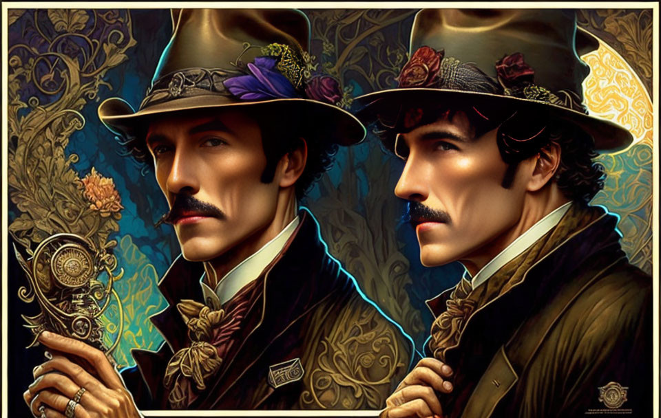 Victorian gentlemen in ornate attire with decorative object on floral background