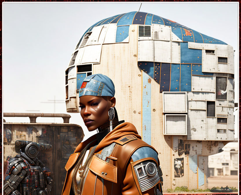 Futuristic portrait of a woman with stylized attire and robot in front of dome-shaped building