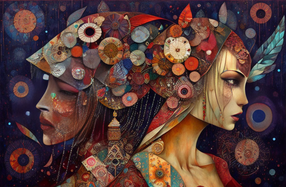 Surreal artwork featuring women with intricate circular headdresses