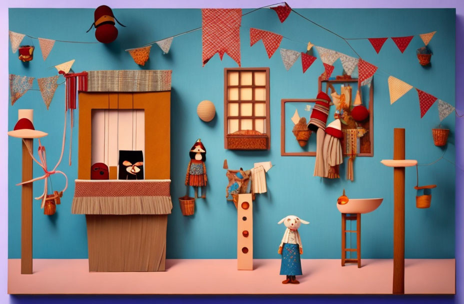 Colorful Paper Art Scene with Dog Character and Handcrafted Houses