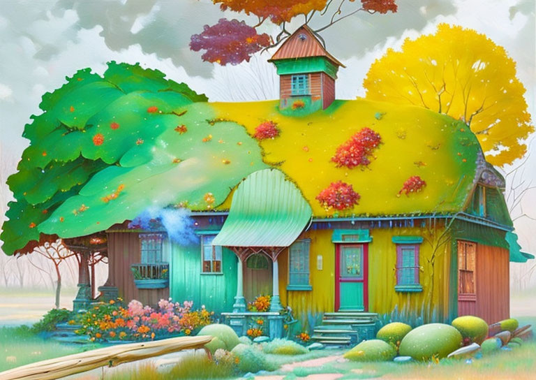 Vibrant autumn cottage illustration with colorful trees and flowers