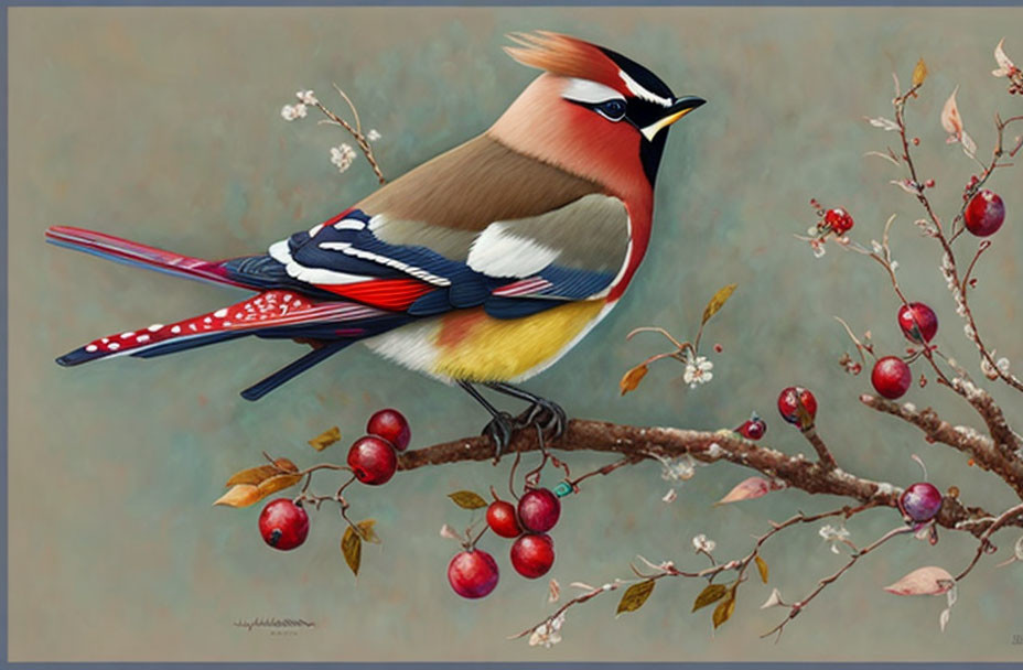 Vibrant bird with crest on branch among red berries in soft backdrop