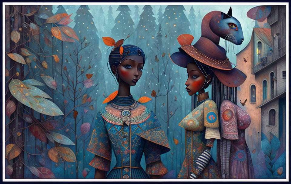 Stylized women in elaborate outfits with large cat in mystical forest