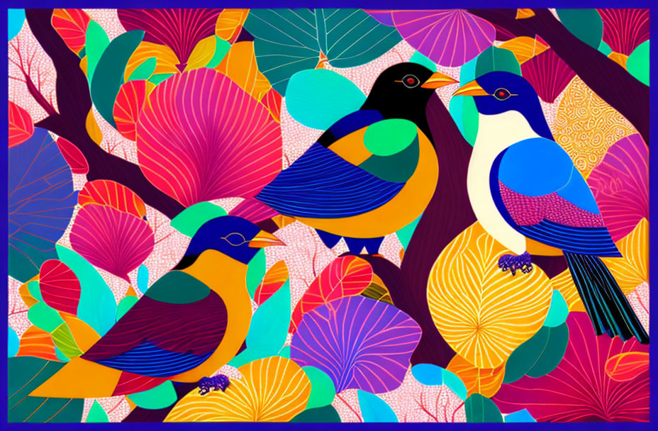 Colorful Stylized Birds in Vibrant Foliage Scene