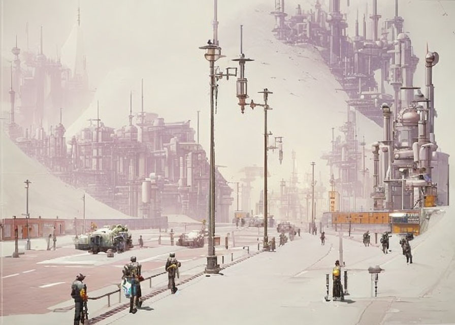 Futuristic cityscape with towering spires, advanced vehicles, and snowy streets