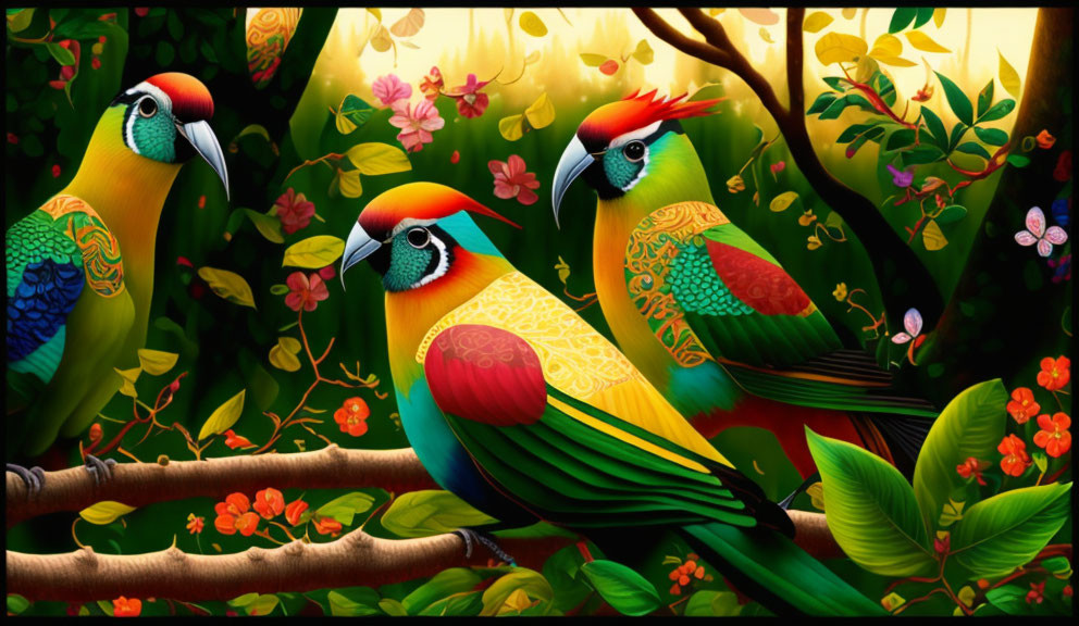 Colorful parrots on lush branch with floral backdrop & butterflies