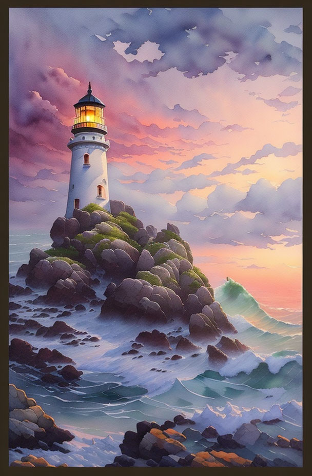 Scenic artwork of lighthouse on craggy island with serene sea and pastel sky