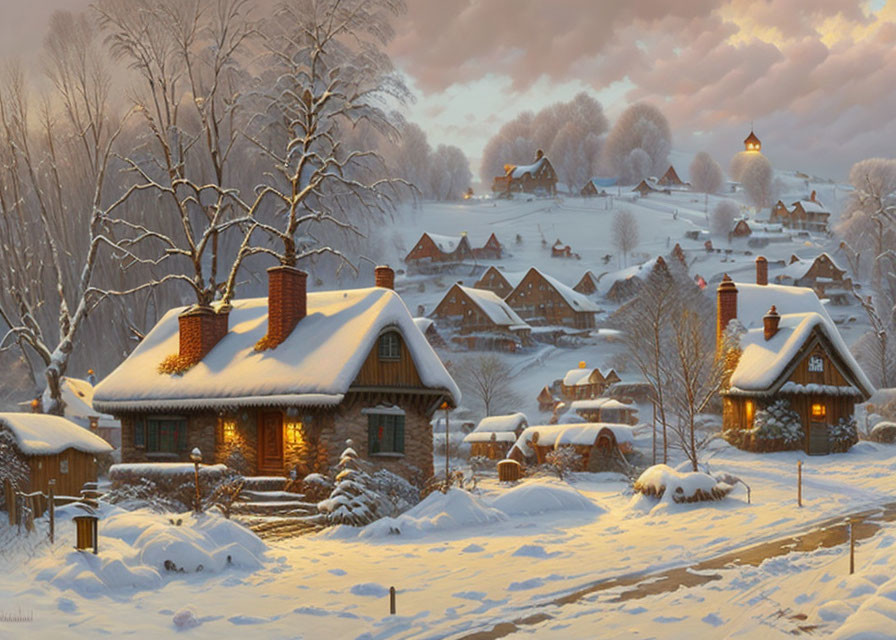 Snow-covered winter village scene with glowing lights and dusk sky