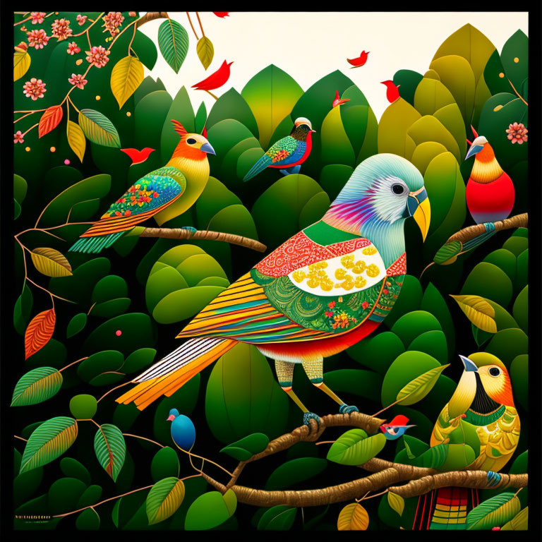 Colorful Birds Perched on Branches in Vibrant Illustration