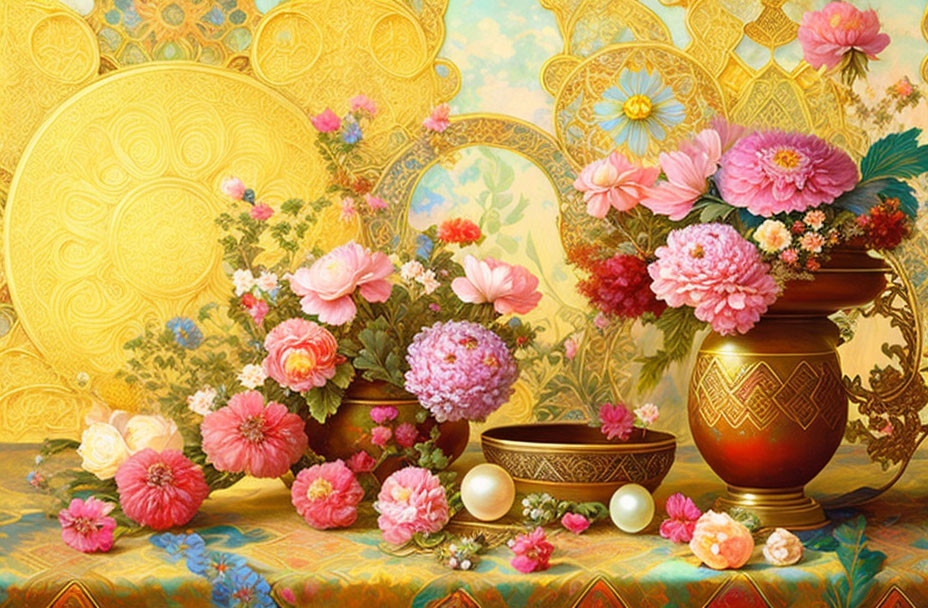 Colorful Flower Bouquet in Bronze Vase with Golden Disks on Patterned Background