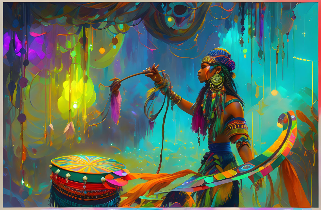 Colorful illustration of person in indigenous attire playing drum in mystical setting