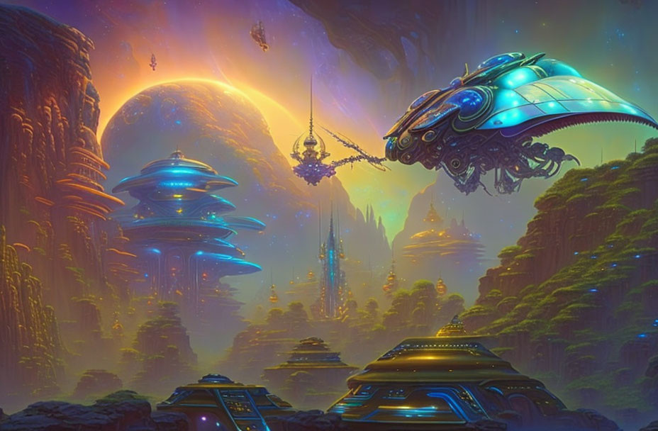 Futuristic sci-fi landscape with spaceship and giant planets