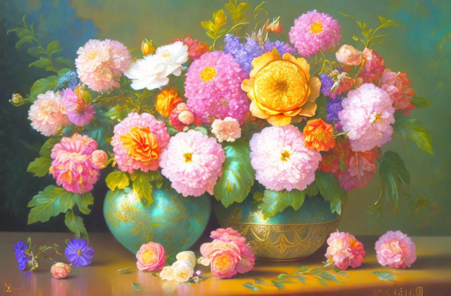 Colorful Flower Bouquet Painting in Golden Vase on Soft Background