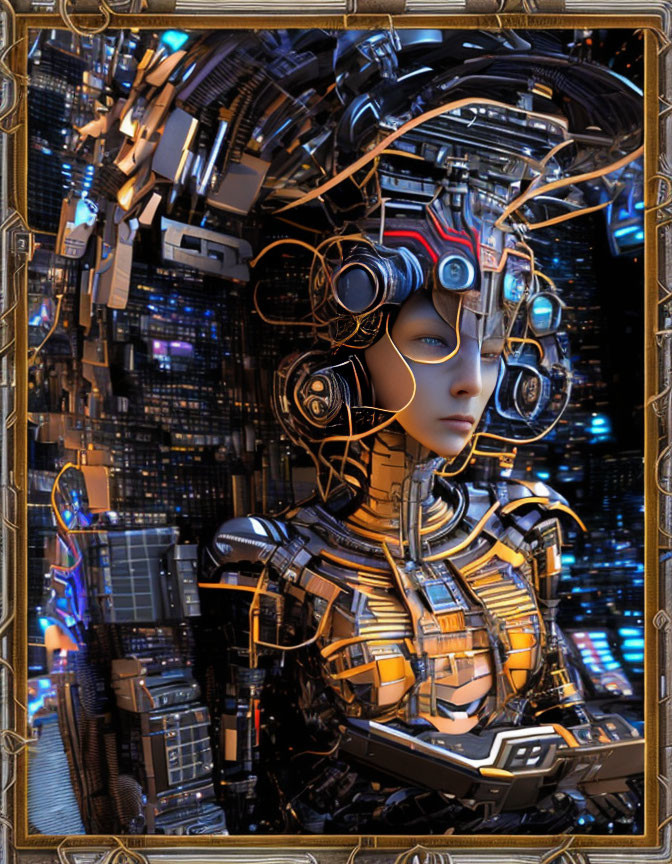 Futuristic female android with intricate headgear in neon-lit cityscape.