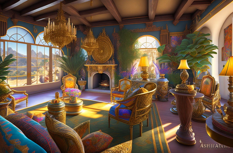 Opulent Middle Eastern-inspired living room with golden furniture & desert view