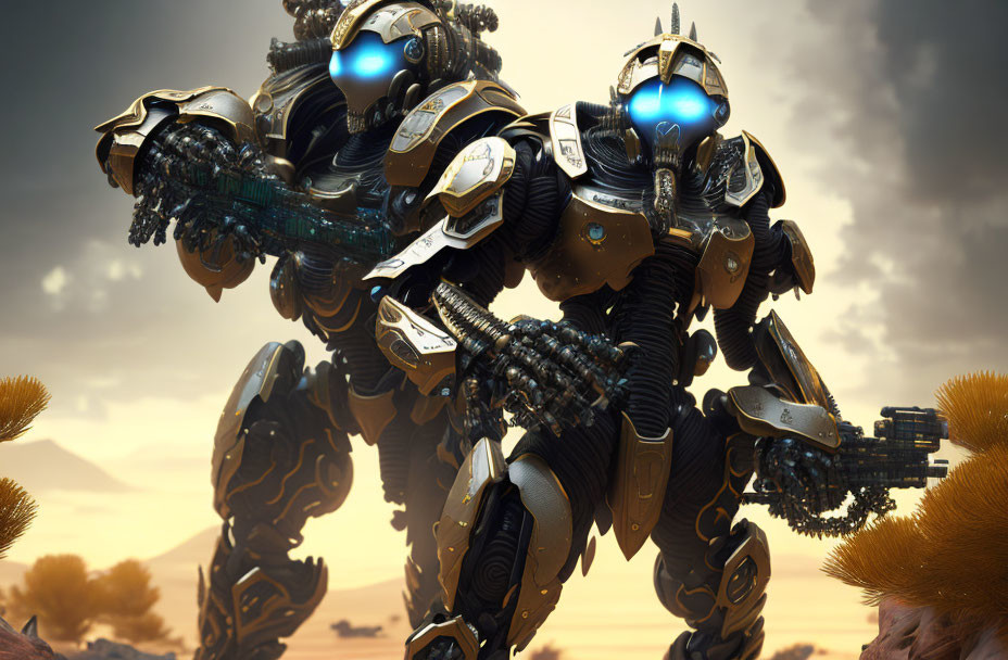 Futuristic armored robots in desert with glowing blue eyes