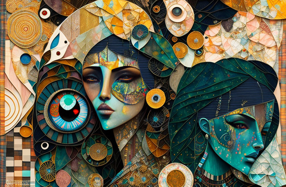 Vibrant digital artwork: Two stylized female faces with abstract patterns in blue, orange, and