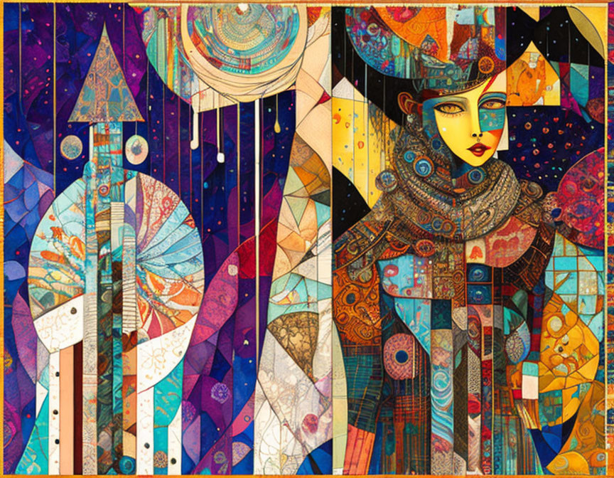 Colorful Artwork: Stylized Woman in Elaborate Attire with Abstract Geometric Background