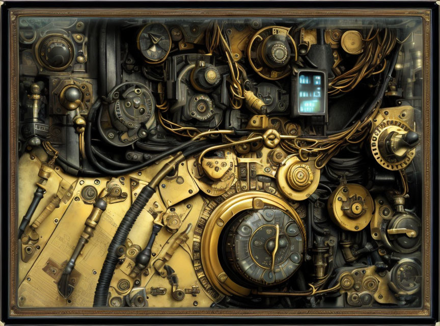 Steampunk Assemblage with Brass Gears and Digital Element