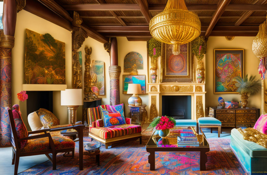 Eclectic living room with patterned furniture, golden chandelier, colorful textiles, and fireplace - rich