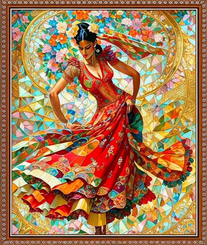 Colorful Woman Dancing in Ornate Dress with Floral Background