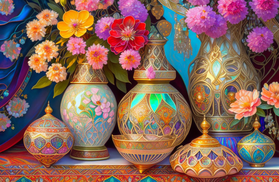 Colorful floral vases on vibrant backdrop of textiles and flowers