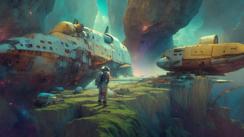 Astronaut observing sci-fi landscape with derelict spaceships and glowing light