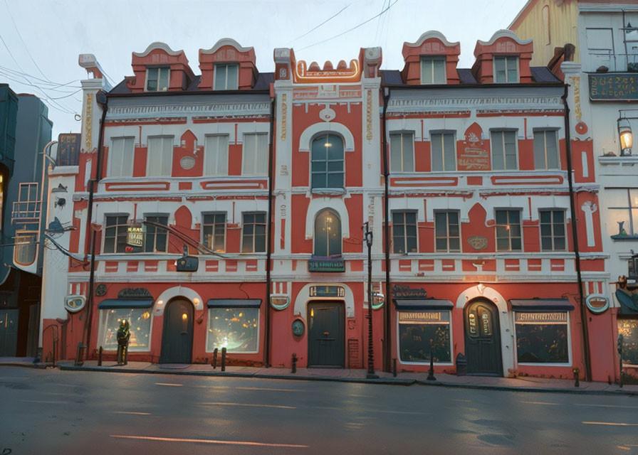 Ornate Red and White Building with Arched Doorways at Twilight