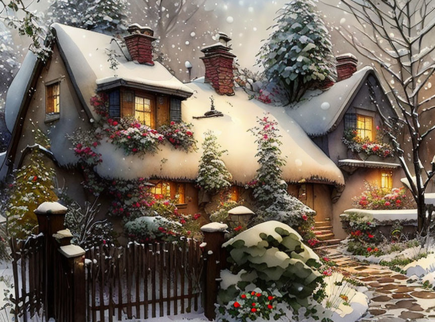 Snow-covered Cottage with Glowing Windows and Red Flowers