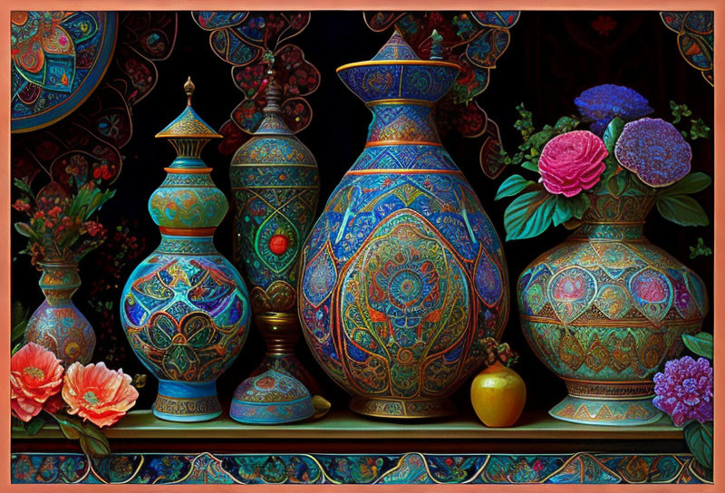 Colorful Floral Vases on Ornate Background