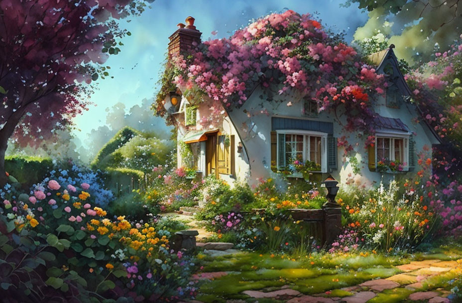 Charming cottage in lush garden with vibrant flowers