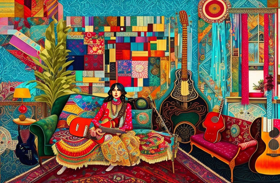 Colorful Room with Woman Playing Guitar and Bohemian Decor