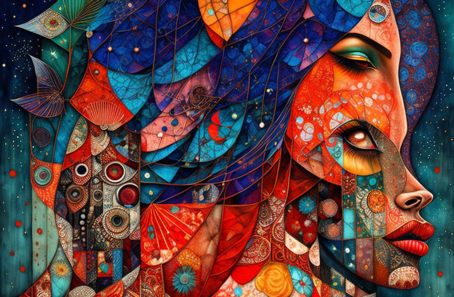 Colorful Abstract Portrait of Woman with Nature and Geometry Elements