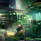 Futuristic individuals in neon-lit cityscape with flying vehicles