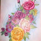 Vibrant pink, violet, and yellow flowers with swirling patterns on pastel backdrop