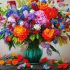 Colorful Flower Bouquet in Teal Vase on Wooden Table