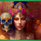 Colorful artwork: Woman with floral headdress and painted skull in autumnal setting