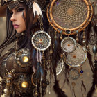 Steampunk-inspired person adorned with gears, feathers, and dreamcatchers