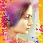 Colorful Digital Painting of Mythical Woman with Purple Hair and Floral Adornments