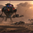 Robotic walkers on dusty, red terrain at sunset with humanoid figures and vehicles.