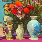 Colorful Vases, Intricate Lamp, Mirror, and Floral Bouquet Scene